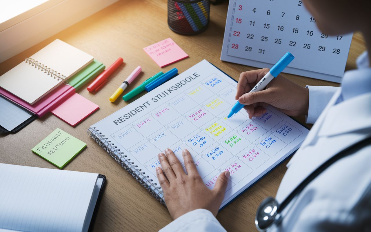 An organized workspace showing a medical resident mapping out a detailed study schedule on a large planner. The scene should include colored markers, sticky notes with reminders for milestones, and relevant textbooks. Bright overhead lighting illuminates the workspace, emphasizing the resident’s determination and strategic thinking. A calendar in the background highlights important fellowship dates.