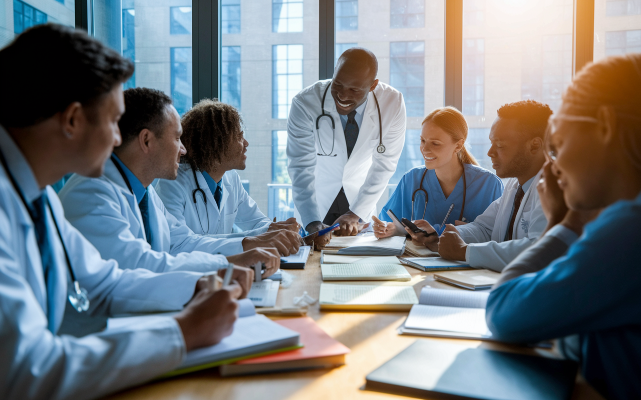 A collaborative study group of medical residents gathered around a large table filled with textbooks, notes, and laptops. The atmosphere is dynamic and focused, with residents energetically discussing fellowship applications and reviewing study materials. Warm lighting from a window casts a positive glow, showcasing camaraderie and teamwork amidst a shared pursuit of medical knowledge.