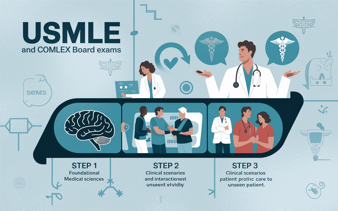 An infographic-style illustration featuring elements from the USMLE and COMLEX board exams. It showcases the three-step structure: Step 1 depicting foundational medical sciences with a brain graphic, Step 2 with clinical scenarios and patient interactions shown vividly, and Step 3 featuring a doctor with a stethoscope, providing care to an unseen patient. The background is subtly textured with hints of medical symbols like caduceus, along with a color palette of blues and greens to evoke a clinical atmosphere.