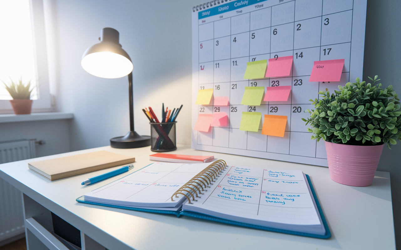 A well-organized desk with a large wall calendar filled with study milestones, sticky notes, and color-coded study segments. A planner lies open with neatly written notes outlining weekly study goals and revision sessions. The room is brightly lit, perhaps with a single desk lamp emphasizing the organized study space. A potted plant adds a touch of nature, inspiring tranquility amidst the rigorous preparation process.