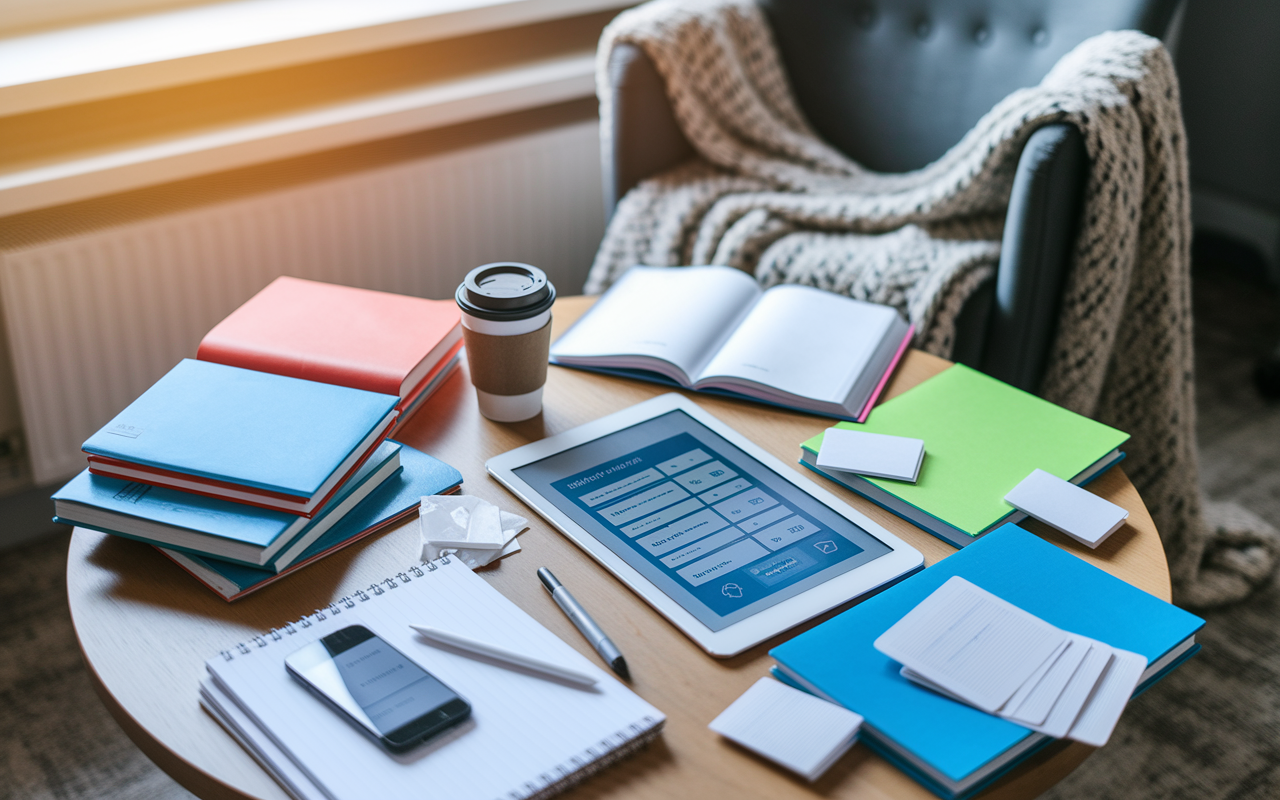 A colorful collection of various medical study resources including textbooks, flashcards, and digital devices such as a tablet displaying an online course interface. The study materials are spread out on a wooden table in a well-lit room, alongside a coffee cup and a smartphone displaying an educational app. A cozy blanket is draped casually over a nearby chair, creating a comfortable yet studious environment.