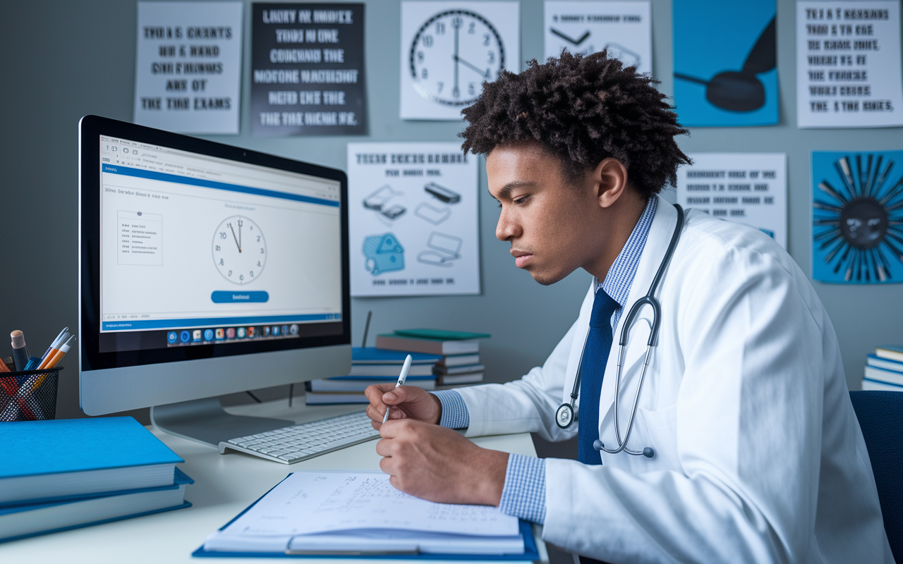 A focused medical student taking a practice board exam surrounded by notes and textbooks. The student is intently looking at a computer screen displaying an online exam interface with a timer running, indicating time management under test conditions. The room is filled with medical posters and motivational quotes to encourage focus, while a clock on the wall subtly reminds the student of the time pressure during exams.