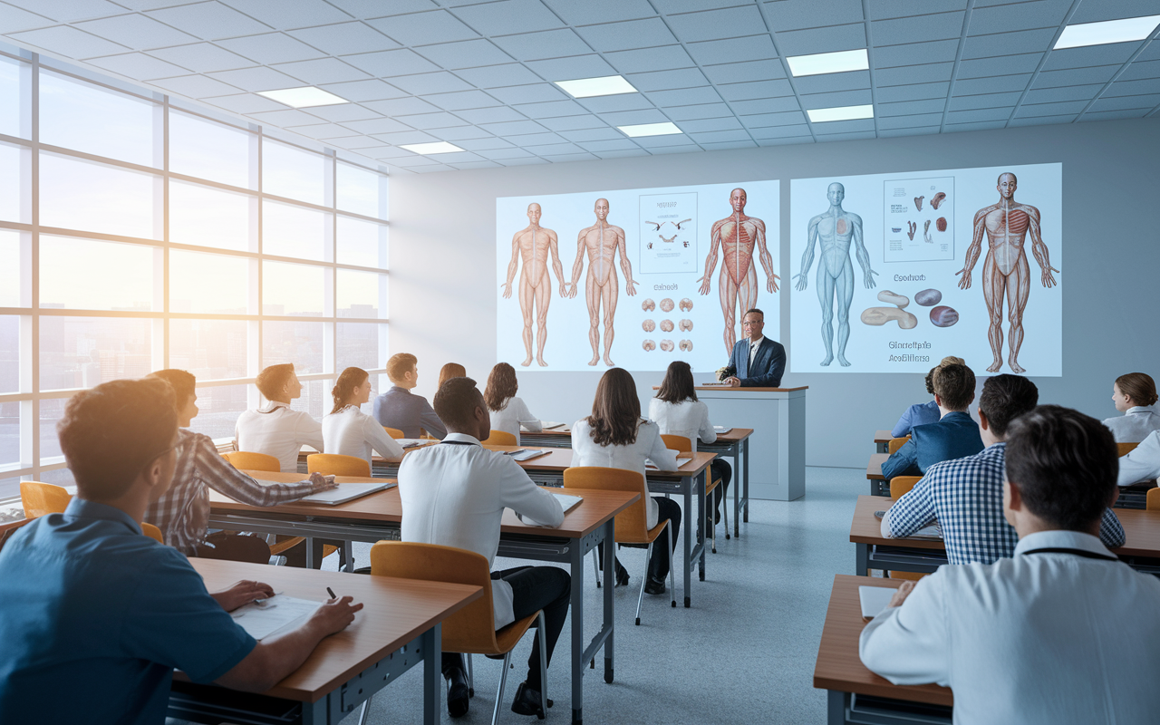 An educational scene inside a medical school classroom where a group of diverse, focused students (both DOs and MDs) attentively listen to a professor at the front. The presentation displays anatomical models and charts on the walls illustrating the differences in osteopathic and allopathic medical training. The room is bright with natural light streaming through large windows, symbolizing enlightenment in medical education.