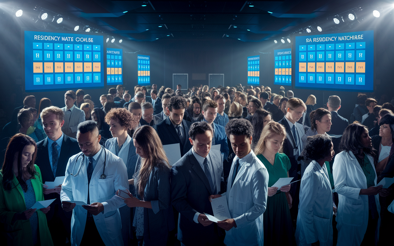 A dramatic scene in a medical conference hall during the residency matching event, filled with nervous yet hopeful residents holding their match letters. Diverse groups surround large screens displaying specialty choices, and the atmosphere is charged with anticipation and anxiety. Dim lighting focuses on the people, while nearby banners showcase the various specialties available, emphasizing the competitive nature of residency matching.