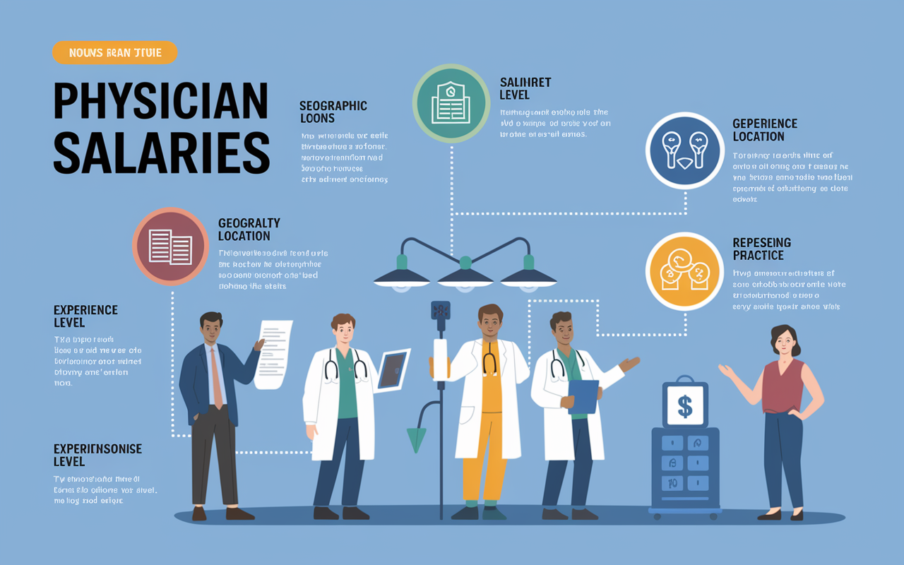 An infographic-style scene depicting the various factors affecting physician salaries like specialty choice, geographic location, experience level, and types of practice. Each element prominently features icons and descriptions, with visual connections represented by arrows, illustrating how each factor impacts earnings. The color scheme is professional yet engaging, blending realistic imagery and bold graphics.