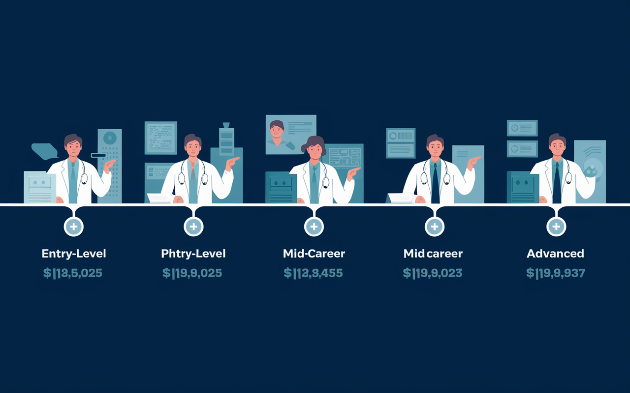 A timeline graphic depicting different stages in a physician's career—from entry-level to mid-career to advanced—highlighting respective salary ranges at each stage. Each stage showcases images of physicians in their work environments, capturing the growth in responsibilities and expertise, using subtle, professional lighting to create a pathway of progression.