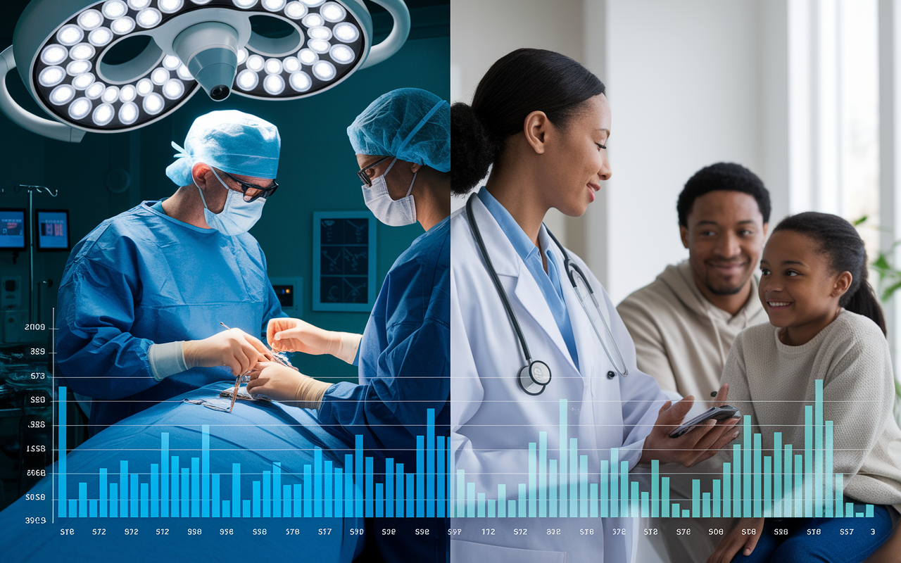 A balanced scene portraying a comparison between the various medical specialties of MDs and DOs, with a detailed chart overlay highlighting salary differences. The image features a split-screen with an MD performing a complex surgery in a bright, sterile operating room, contrasted with a DO interacting compassionately with a family in a primary care setting, evoking feelings of care and professionalism. Bright, contrasting colors enhance the attention on both practitioners.