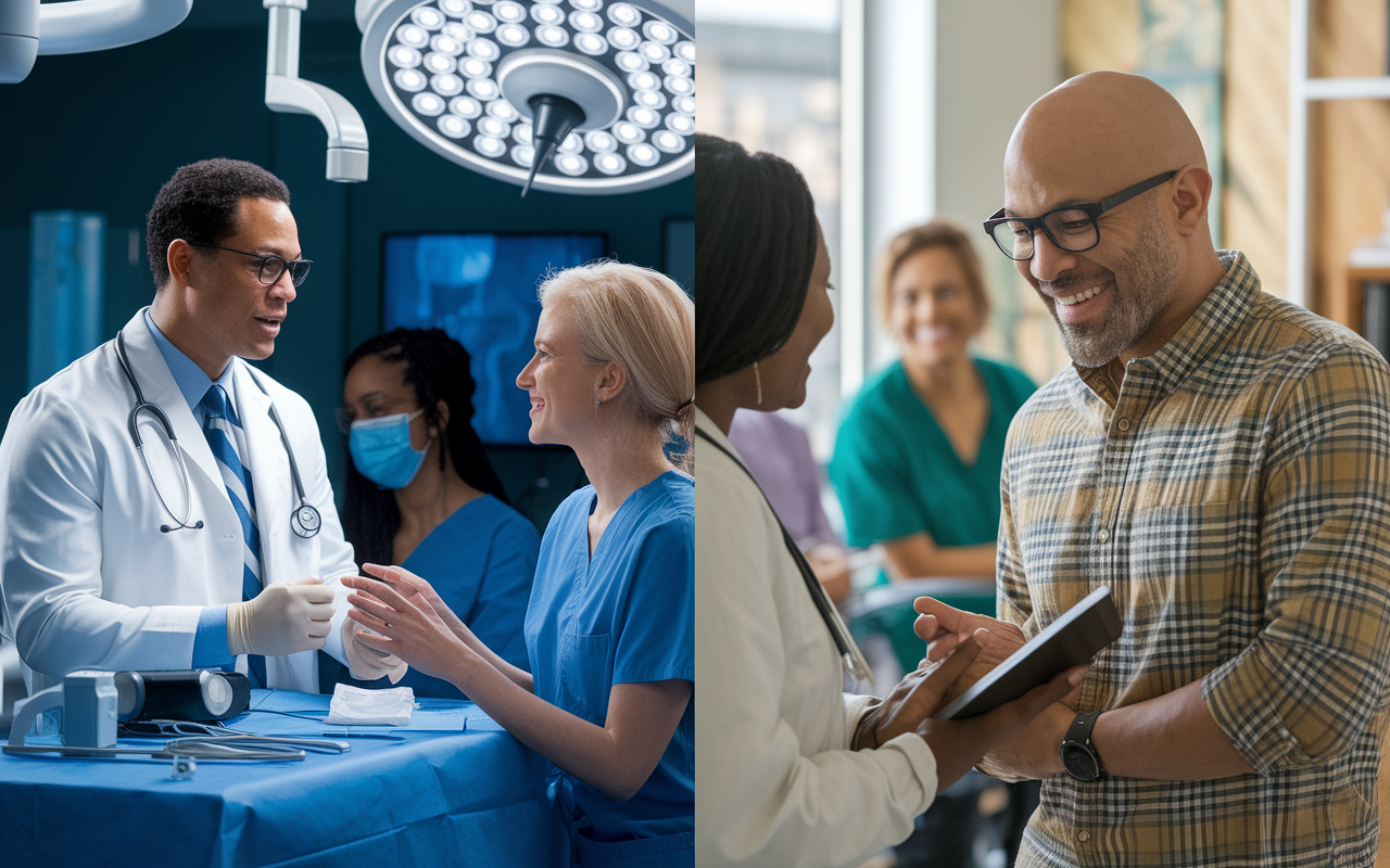 A contrasting image showcasing two doctors side-by-side: on one side, Dr. Smith, an MD, in a modern orthopedic surgery facility surrounded by high-tech equipment and colleagues, actively discussing surgical techniques indicative of advanced medical practice. On the other side, Dr. Johnson, a DO, in a warm family clinic filled with diverse patients, engaging in holistic care and community interaction. The visual style is warm and inviting, simultaneously reflecting professionalism and personal touch.