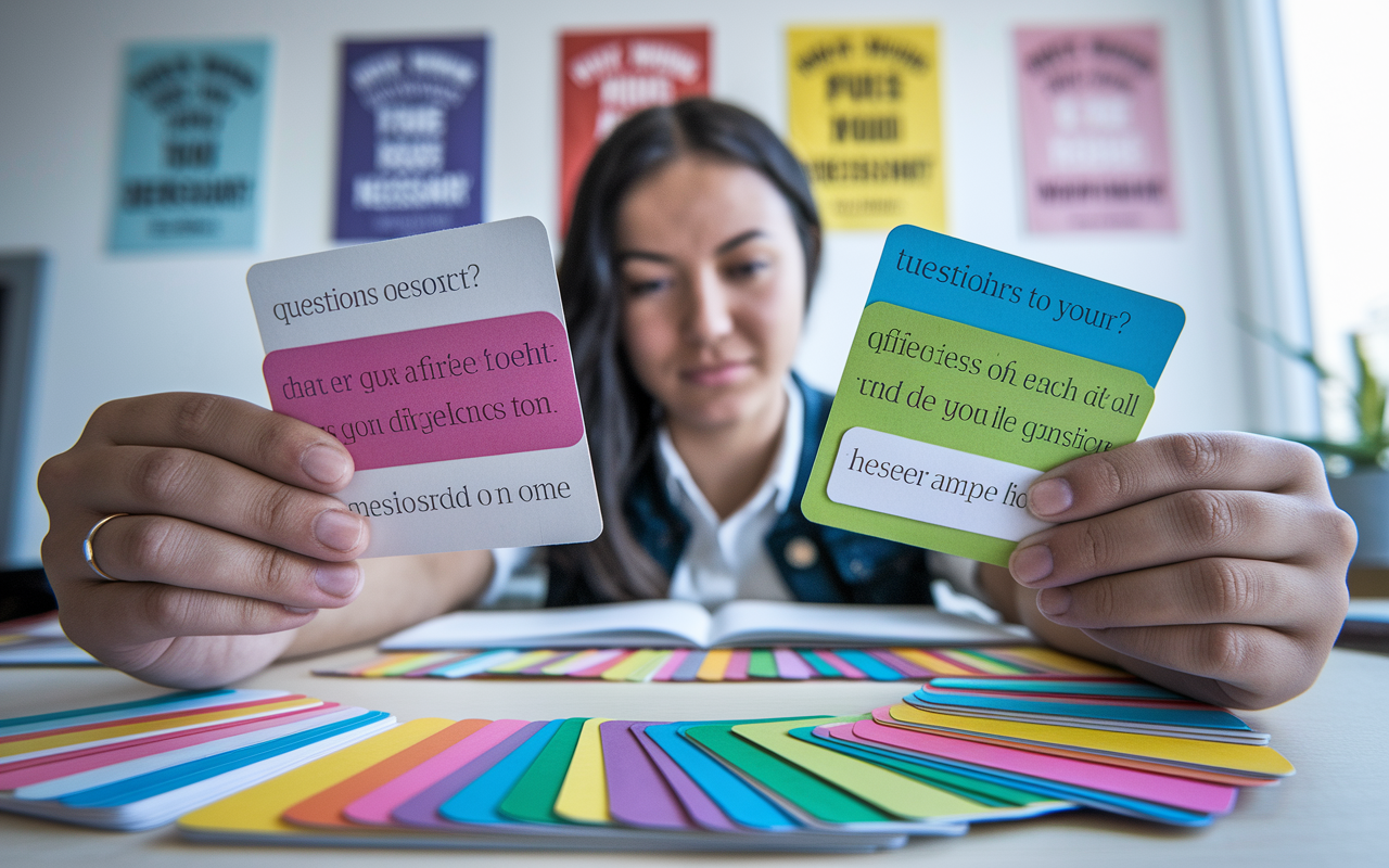 A close-up shot of hands holding flashcards with questions on one side and answers on the reverse. A colorful array of flashcards spread out on a study table, accompanied by a focused student reviewing them in a brightly lit room with motivational posters on the walls, illustrating determination and active engagement.