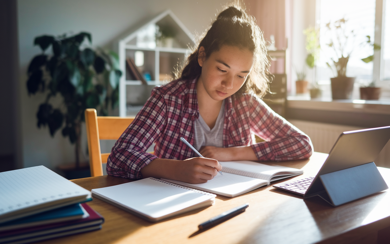 A student in study mode, surrounded by notebooks and a digital device displaying a spaced repetition software interface. The room is warm and inviting, with sunlight streaming through a window, highlighting the students’ intense focus on smartly revisiting notes over time.