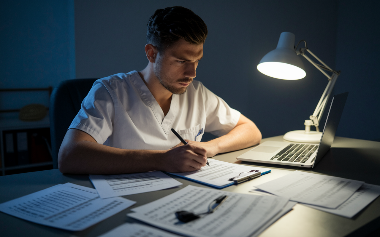 A serious medical student seated at a desk, engrossed in answering practice exam questions on a laptop, papers scattered with notes and mock test results. The dimly-lit room holds an atmosphere of concentration, complete with a desk lamp casting a warm glow, symbolizing preparation and diligence.