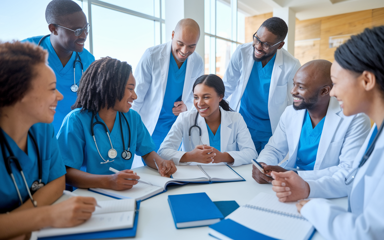 A diverse group of medical students gathered around a table, enthusiastically discussing intricate medical concepts, with textbooks and notebooks open. The room is lively, with laughter and a collaborative spirit, symbols of unity and shared knowledge in the pursuit of mastering board examinations.