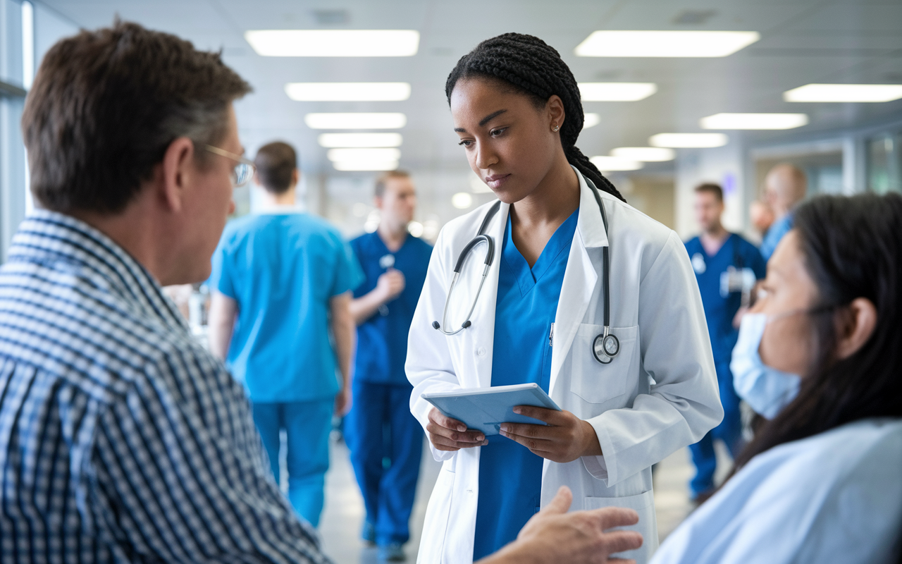 A medical student engaged in a clinical rotation, attentively observing a doctor examining a patient in a hospital setting. The atmosphere is vibrant and bustling, filled with medical professionals and patients, capturing the essence of hands-on learning and application of theoretical knowledge.