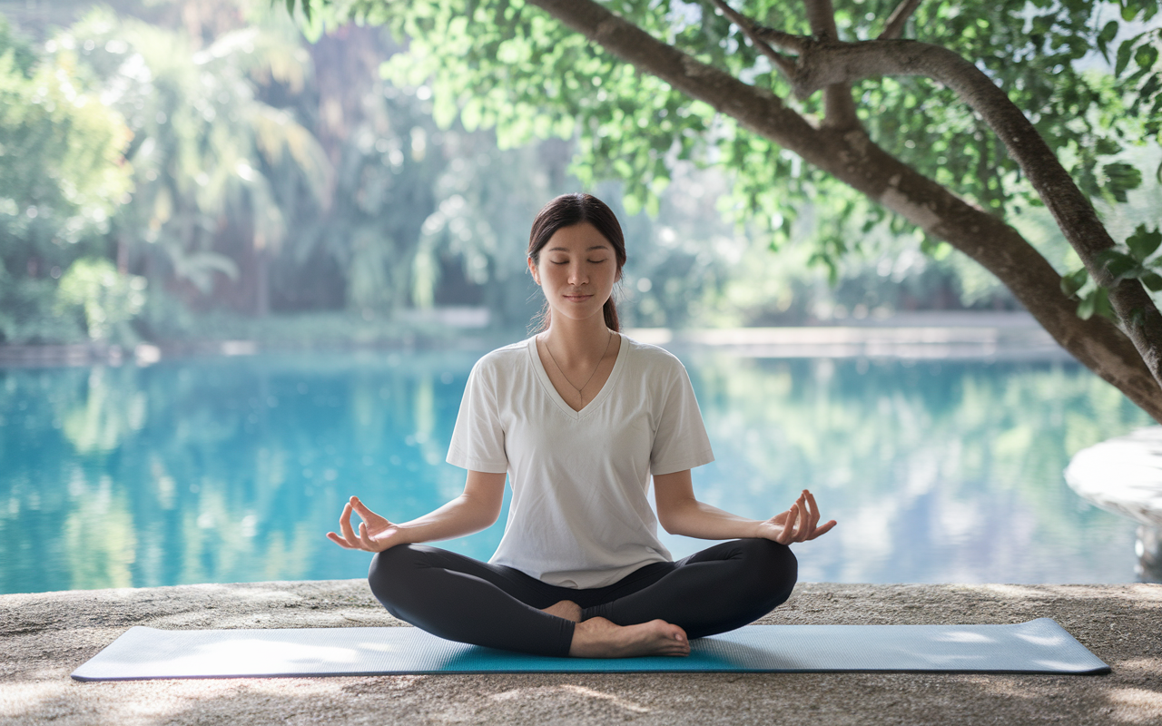 A serene scene of a student practicing yoga in a tranquil outdoor space, surrounded by nature, reflecting balance and mindfulness. A yoga mat spread out, with a bright blue sky and gentle sunlight embodying relaxation amidst the busy study schedule.