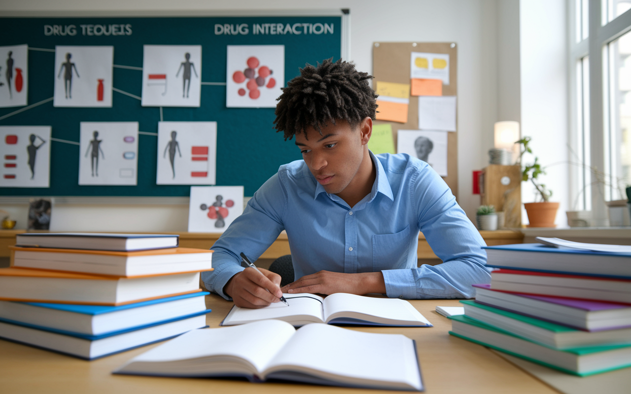 A student studying pharmacology, surrounded by books and notes, intensely focusing on understanding mechanisms of drug action with visuals illustrating drug interactions on a board nearby. The room is filled with a sense of inquiry, casting an engaging light on the complexities of medical education.