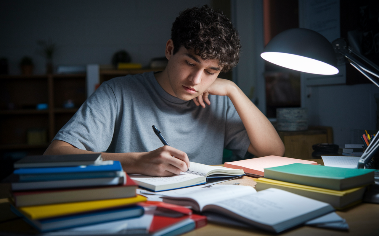 A contemplative student sitting at a desk, jotting down reflections in a notebook, amidst a clutter of notes and textbooks. The scene captures a moment of quiet introspection, illuminated with soft lamp light, highlighting the importance of adapting strategies for efficient learning.