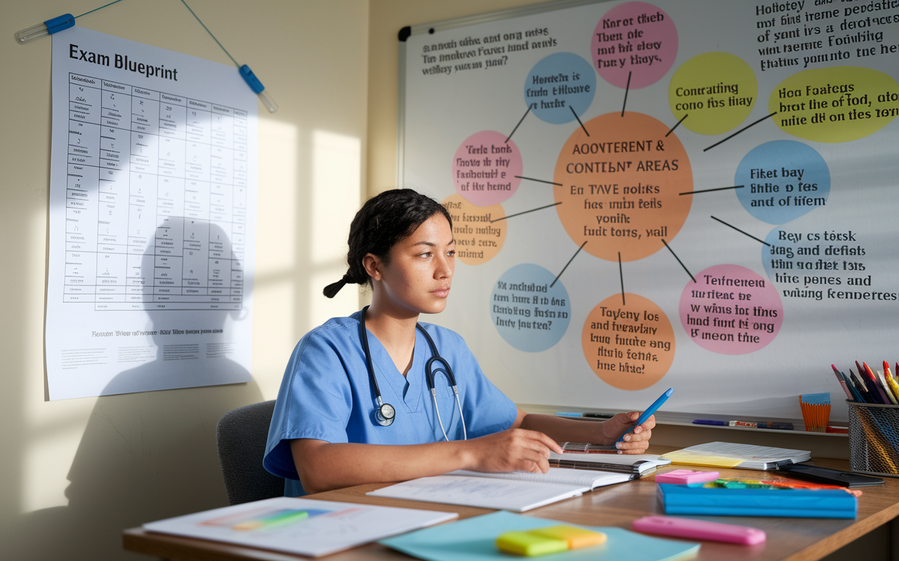 A focused medical student sitting in a study nook with a large poster of the exam blueprint pinned on the wall in front of them. The student, in scrubs, is surrounded by a colorful mind-map on a whiteboard illustrating different content areas of the exam, with notations and doodles emphasizing important details. Soft daylight filters through a nearby window onto the desk cluttered with highlighters and notes.