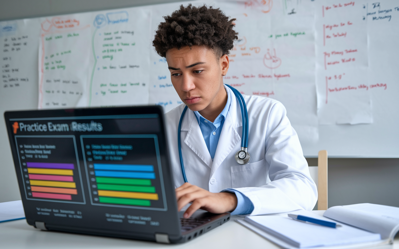 A diligent young medical professional analyzing practice exam results on a laptop, with a furrowed brow reflecting their concentration. The screen displays colorful graphs showing strengths and weaknesses in various medical topics. In the background, a whiteboard is filled with brainstorming notes, signifying a deep commitment to mastering content before the specialty board exam.