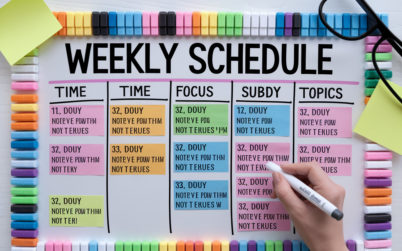 A detailed weekly study schedule presented on a whiteboard with colorful markers, showcasing a well-organized plan for studying various medical topics. Time blocks are meticulously noted, with focus subjects highlighted and motivational quotes sprinkled throughout. A cheerful atmosphere depicted through bright colors and sticky notes adds a sense of optimism and drive to the study environment.