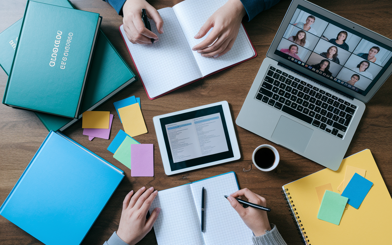 An eclectic mix of study resources laid out on a wooden table, including thick medical textbooks, colorful flashcards, a tablet displaying an online course, and a laptop with study group video chat opened. A sense of collaboration and knowledge sharing is captured, with a pen and a notepad ready for jotting down valuable insights.