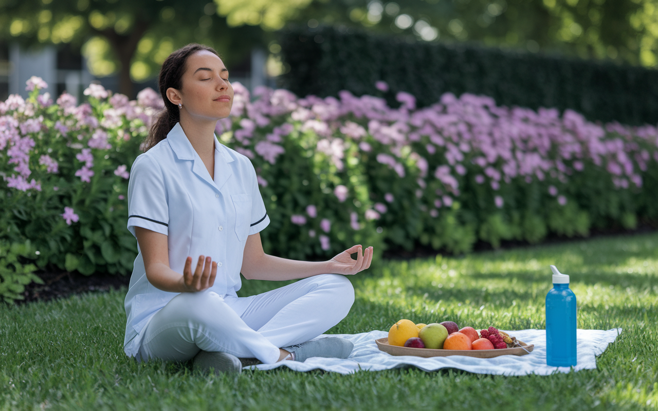 A serene scene showing a medical student taking a mindfulness break outside, surrounded by lush greenery and vibrant flowers. The student practices deep breathing with closed eyes, sitting cross-legged on the grass, radiating calmness and relaxation. A nearby picnic blanket is spread with fruit and a water bottle, emphasizing the importance of a balanced lifestyle during intense study periods.