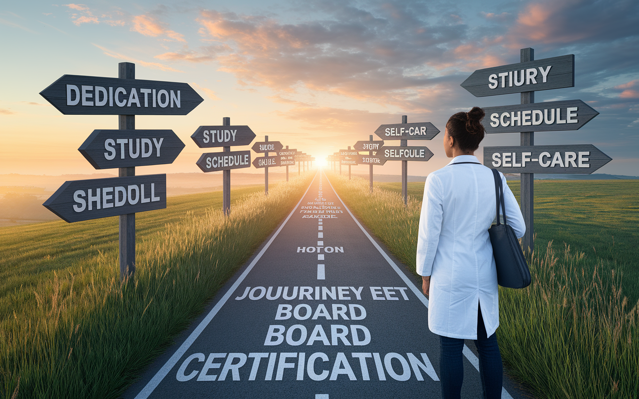 An inspiring scene showing a determined medical student looking ahead at a crossroad path symbolizing their journey towards board certification. The path is lined with signposts featuring keywords such as 'dedication', 'study schedule', and 'self-care', with a bright sunrise illuminating the scene, creating a hopeful and motivational atmosphere for success in their medical career.