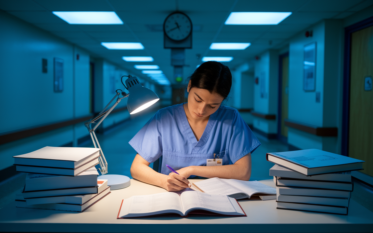 An intense scene in a hospital setting, showing a resident in scrubs sitting at a desk late at night, surrounded by open textbooks and practice exams. The soft glow of a desk lamp illuminates their focused expression as they write notes. The background reflects a quiet hospital corridor with a clock showing the late hour, enhancing the atmosphere of diligence and the pressure of impending exams.