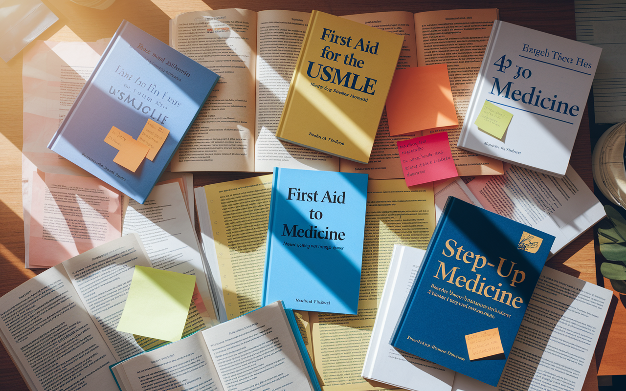 A visually rich collage of various essential medical review books scattered on a wooden desk. The covers show titles like 'First Aid for the USMLE' and 'Step-Up to Medicine', surrounded by colorful sticky notes and highlighted pages. Soft sunlight streams through the window, casting gentle shadows, depicting a nurturing study environment filled with knowledge and preparation spirit.