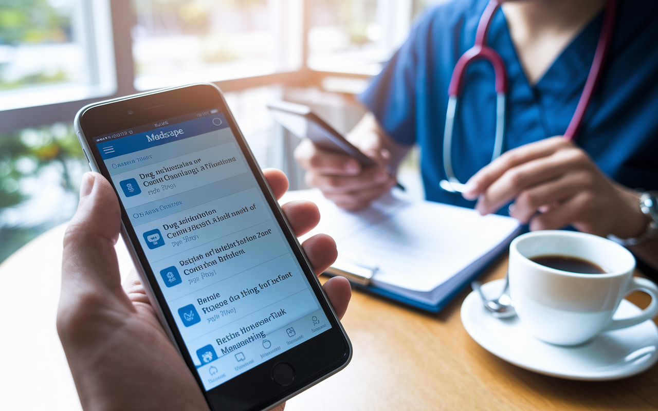 A close-up shot of a smartphone displaying the Medscape app interface, showcasing drug information and medical articles. In the background, a resident with scrubs is using the phone while reviewing their notes at a café, with a cup of coffee beside them. Bright natural light pours in, highlighting the practicality of studying on-the-go and the integration of technology in learning.