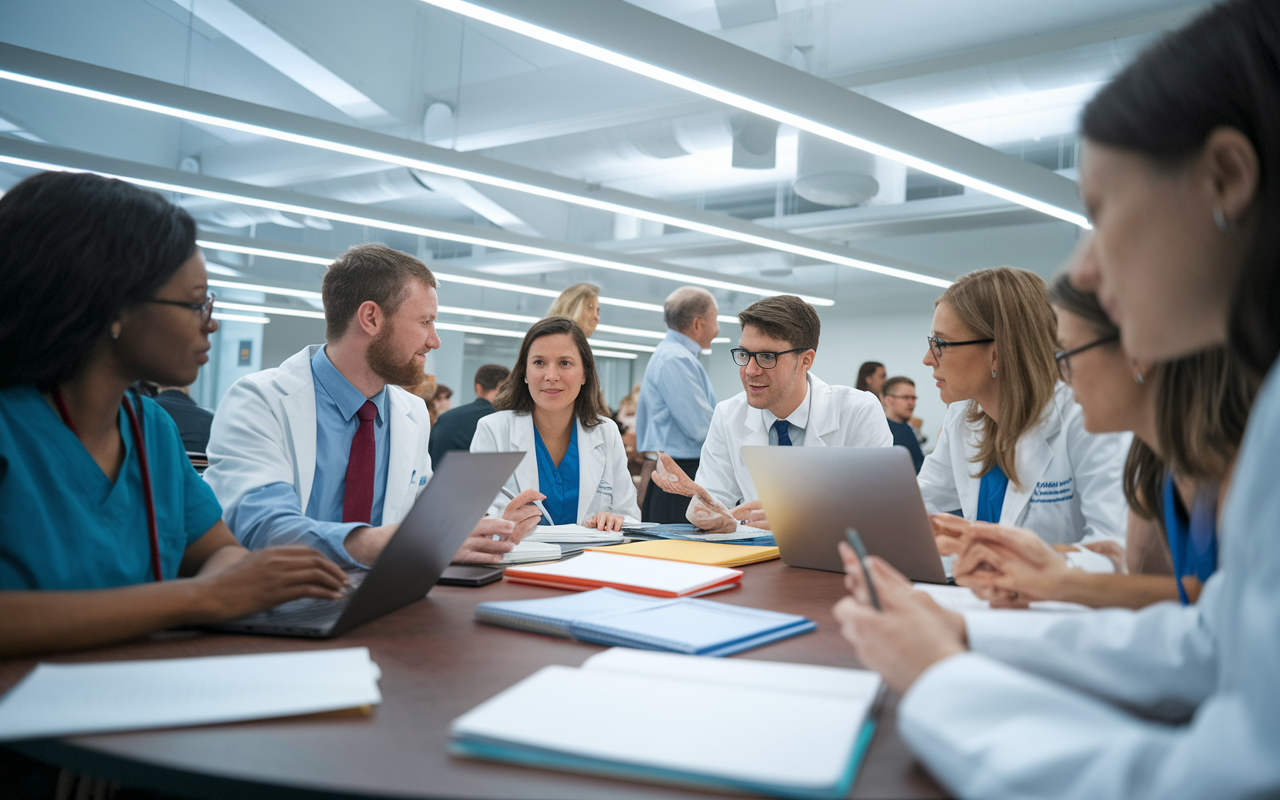 A lively study group session in a modern classroom, where medical residents are actively discussing clinical cases around a large table covered with textbooks and laptops. Some members are making notes, while others are engaged in animated conversation. The atmosphere is collaborative and focused, illuminated by bright overhead lights, emphasizing the value of peer support in medical education.