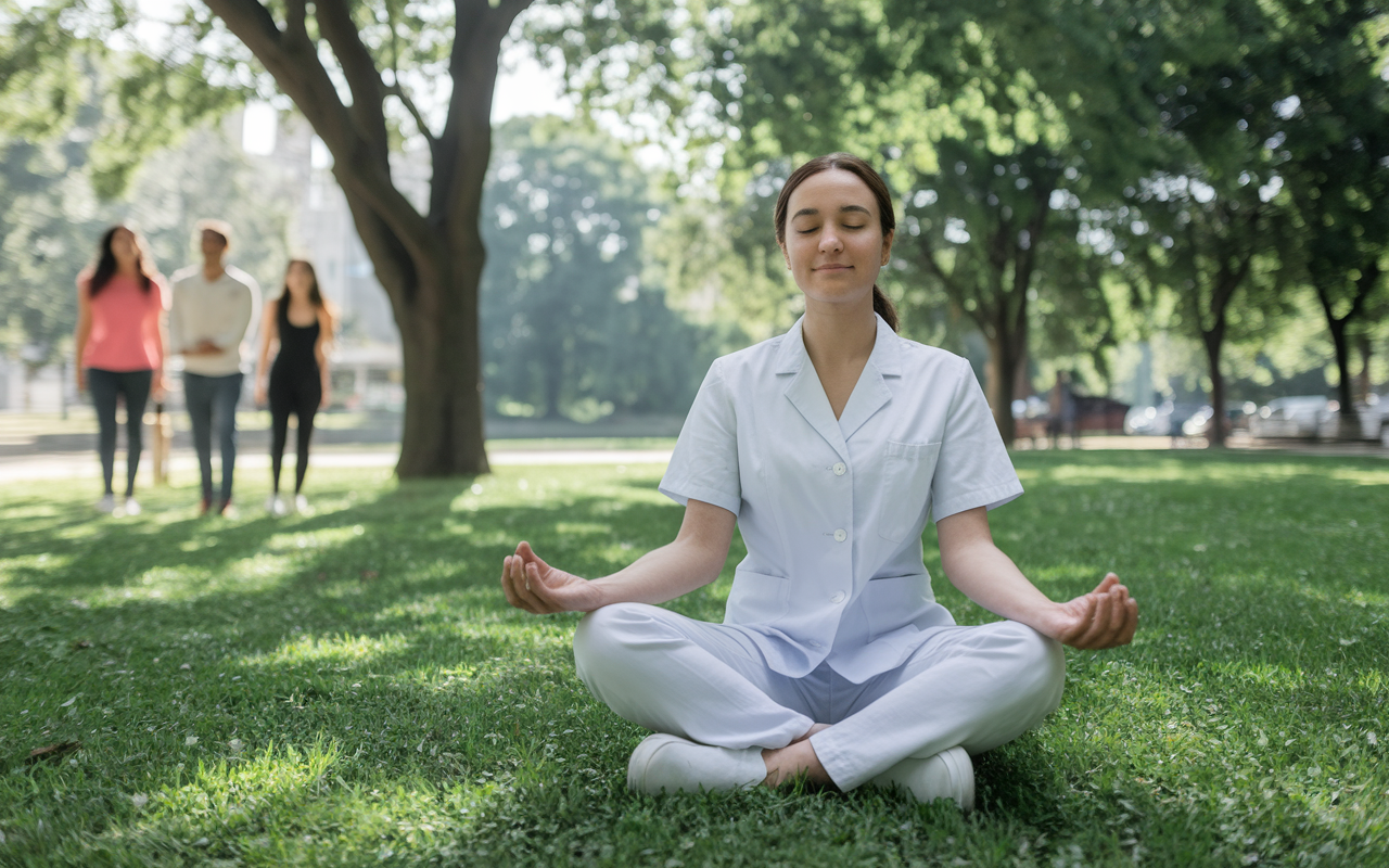 A serene scene depicting a medical resident practicing mindfulness outdoors, seated cross-legged on a grassy patch in a park, with eyes closed and a peaceful expression. Surrounding trees provide gentle shade, and a few friends can be seen walking in the background. The sunlight filters through the leaves, symbolizing relaxation and the importance of mental wellness in the midst of a demanding career.