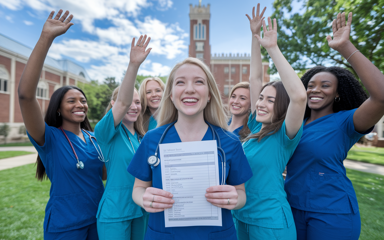 A triumphant Dr. Sarah standing outside a medical school building, holding her board exam results with a huge smile, surrounded by supportive friends celebrating her success. They are all in scrubs, capturing the moment of achievement. The backdrop shows a bright blue sky and university architecture, symbolizing hope, success, and the culmination of hard work in her medical journey.