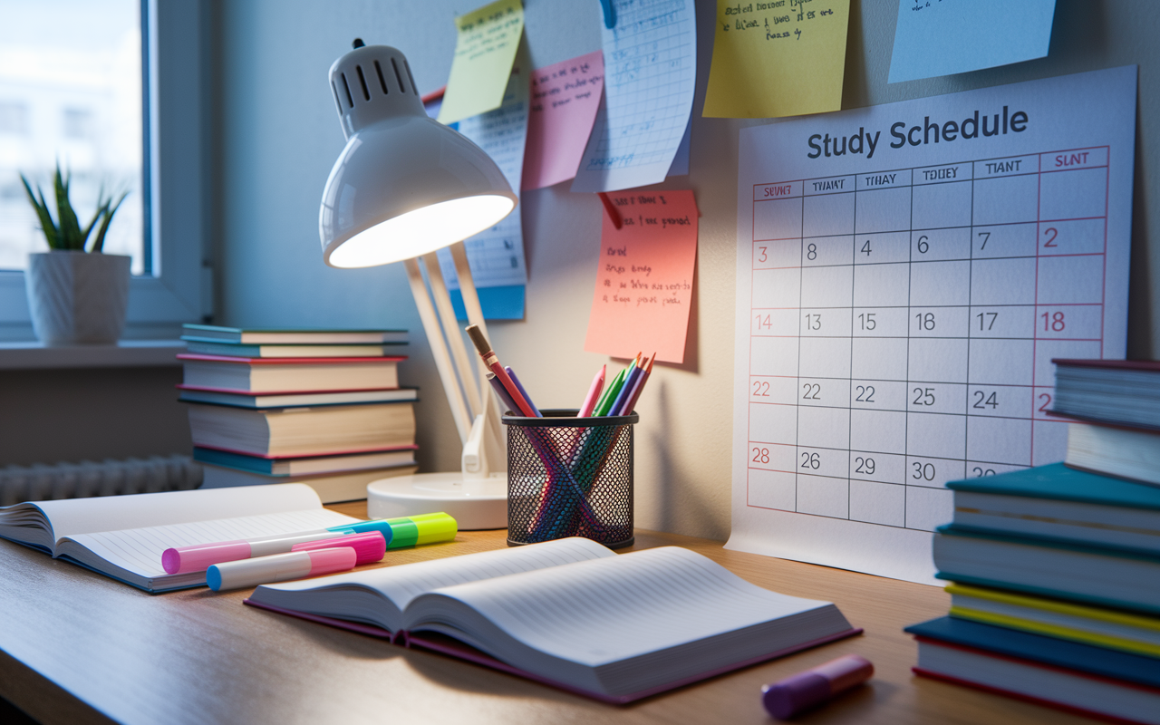 A well-organized study table with a colorful calendar and a detailed study schedule pinned on the wall. Books and notes are neatly arranged, and there’s a mix of highlighters and stationery around, creating an inspiring and focused atmosphere. The soft glow of a study lamp illuminates the space, reflecting a sense of order and determination. A window in the background hints at a bright morning outside.