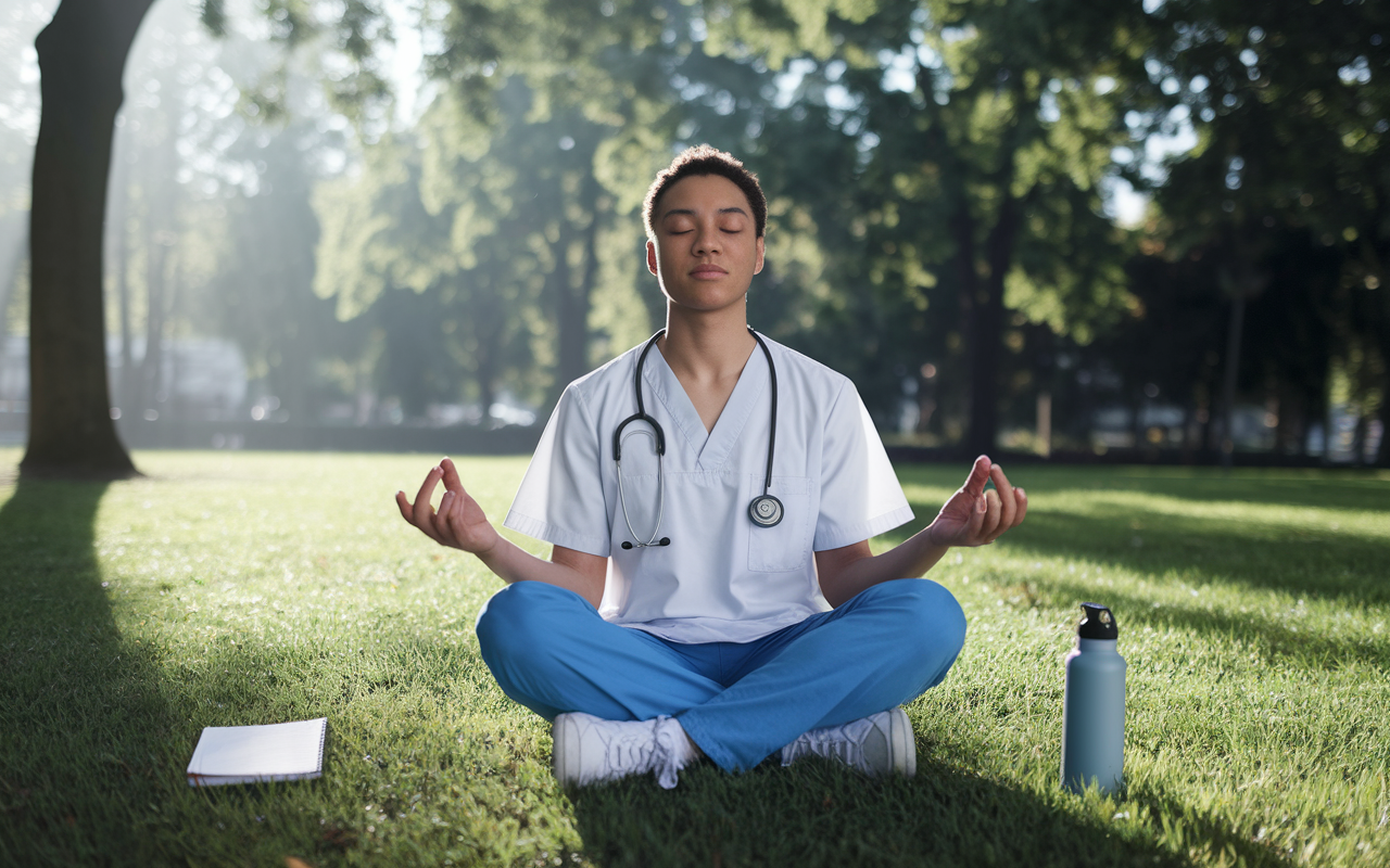 A young medical resident seated in a serene park, closed eyes and peaceful expression, practicing deep breathing. Sunlight filters through the trees, casting soft light, with a notebook and a water bottle beside them. The calm environment is in sharp contrast to their usual high-pressure surroundings, embodying moments of tranquility and mindfulness.