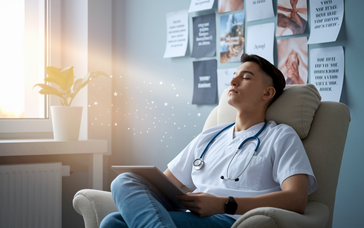 A medical resident sitting in a comfortable chair, eyes closed, imagining success during an exam. The room is peaceful and well-lit, with a vision board of motivational quotes and images on the wall in front of them. A gentle morning light casts a warm glow, reflecting hope and confidence.