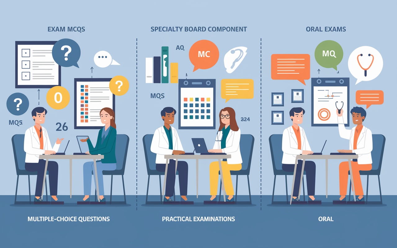 An infographic-style illustration depicting the structure of a Specialty Board Exam, showcasing multiple-choice questions, practical examinations, and oral segments. The image displays icons for each exam component, such as a question mark for MCQs, a stethoscope for clinical skills, and a speech bubble for oral exams. Bright colors and clear labels highlight the different sections, set against a professional background that suggests an academic atmosphere.