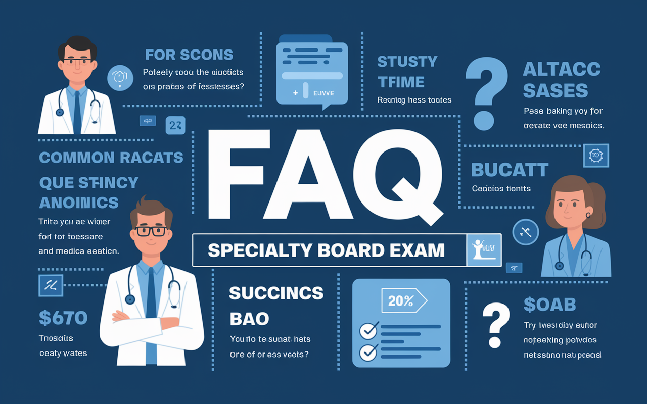 An engaging and informative FAQ graphic about the Specialty Board Exam, featuring common questions and succinct answers. Elements like icons for passing rates, study time, and re-taking exams create visual clarity. The color scheme is professional, using shades of blue and white, aligning with medical aesthetics.