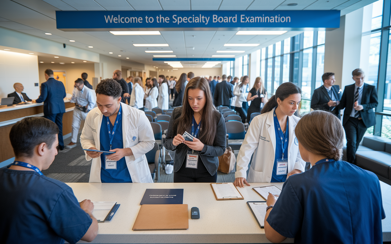 A busy registration area at a professional testing center on exam day, where anxious medical candidates are checking in. Some candidates hold their ID while others converse nervously with one another. The scene includes a reception desk staffed by attentive personnel, a waiting area with chairs, and a clipboard where candidates sign in. Overhead, a sign reads 'Welcome to the Specialty Board Examination,' capturing the gravity of the occasion.