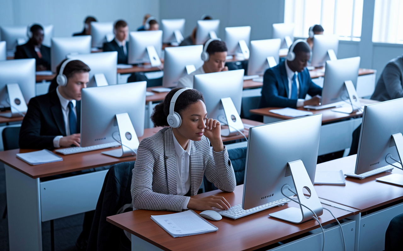 An organized exam room showcasing individual computer stations for candidates to take their board exams. Each station is equipped with a computer, a clear examination booklet, and noise-cancelling headphones. The lighting is bright yet soft, creating a calm environment. Candidates, including a diverse group of young professionals, are focused on their computers, embodying concentration as they prepare to take the exam.