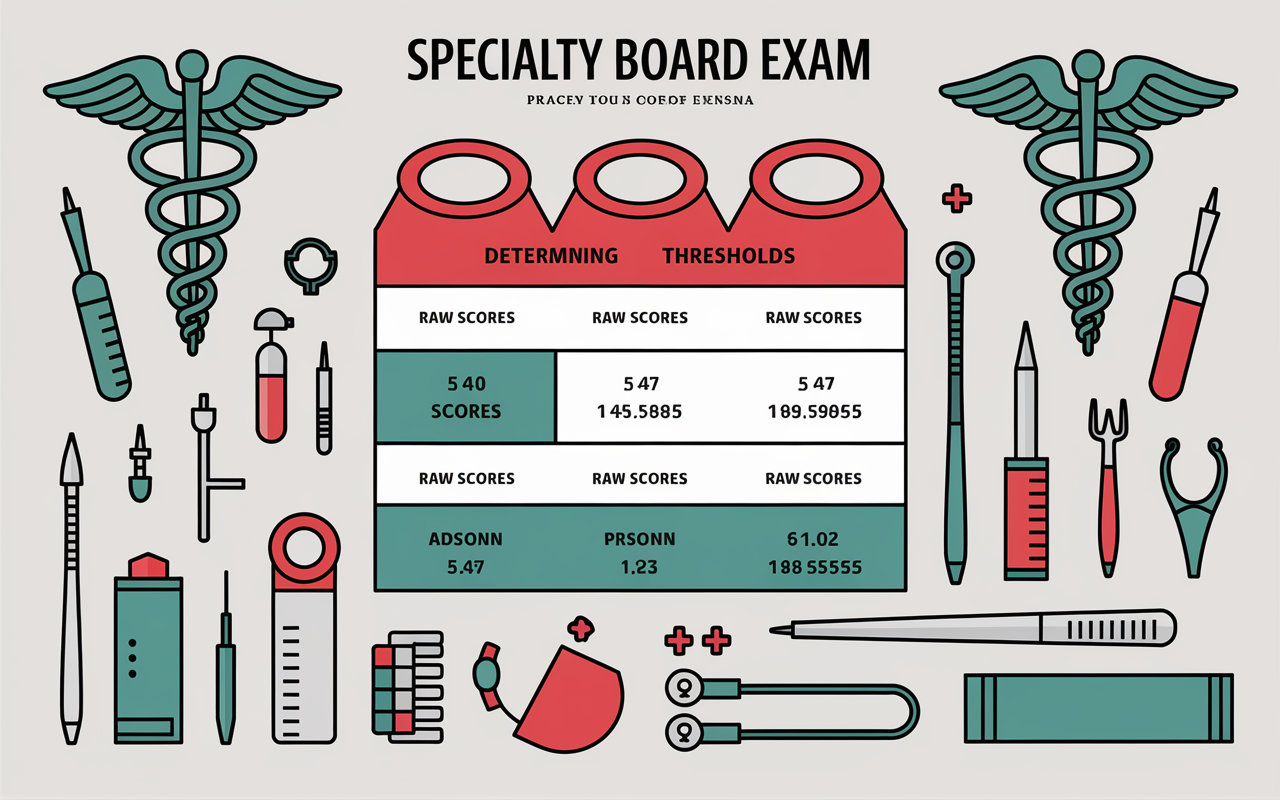 An illustrative chart highlighting the scoring system for the Specialty Board Exam. The visual shows a breakdown of raw scores, passing thresholds, and the process for determining results. Background elements include medical symbols like the caduceus and various doctor tools, representing the medical field. Colors like green for passing scores and red for unsuccessful attempts create a clear distinction, making it visually informative.