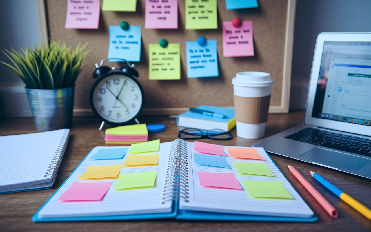 A well-organized study planner on a wooden desk, with colorful sticky notes indicating study topics and goals. The scene shows a backdrop of motivational quotes pinned to a board, and a clock reminding the preparer of the countdown to the exam. A nearby coffee cup and a laptop open to an online study resource indicates an engaging preparation atmosphere.