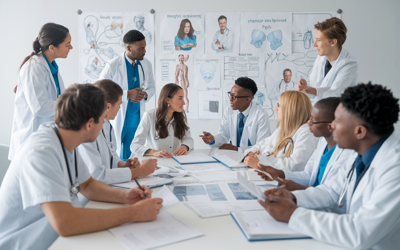 A lively study group session among medical candidates gathered around a large table, deep in discussion while reviewing complex medical scenarios on a whiteboard. Charts and diagrams fill the space, depicting patient cases. Everyone appears engaged and motivated, sharing insights with enthusiasm. The room is bright and modern, adding a productive vibe to the collaboration.