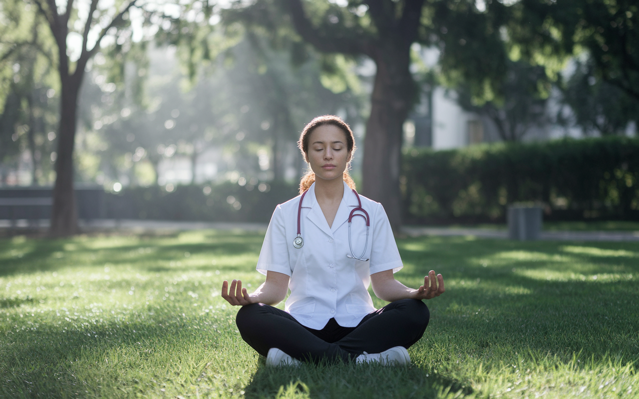 A serene scene showing a medical candidate practicing mindfulness techniques in a quiet park before their exam. She sits cross-legged on the grass, eyes closed and serene expression, surrounded by nature. Soft sunlight filters through the trees, creating a peaceful atmosphere that emphasizes the importance of mental well-being in preparation.