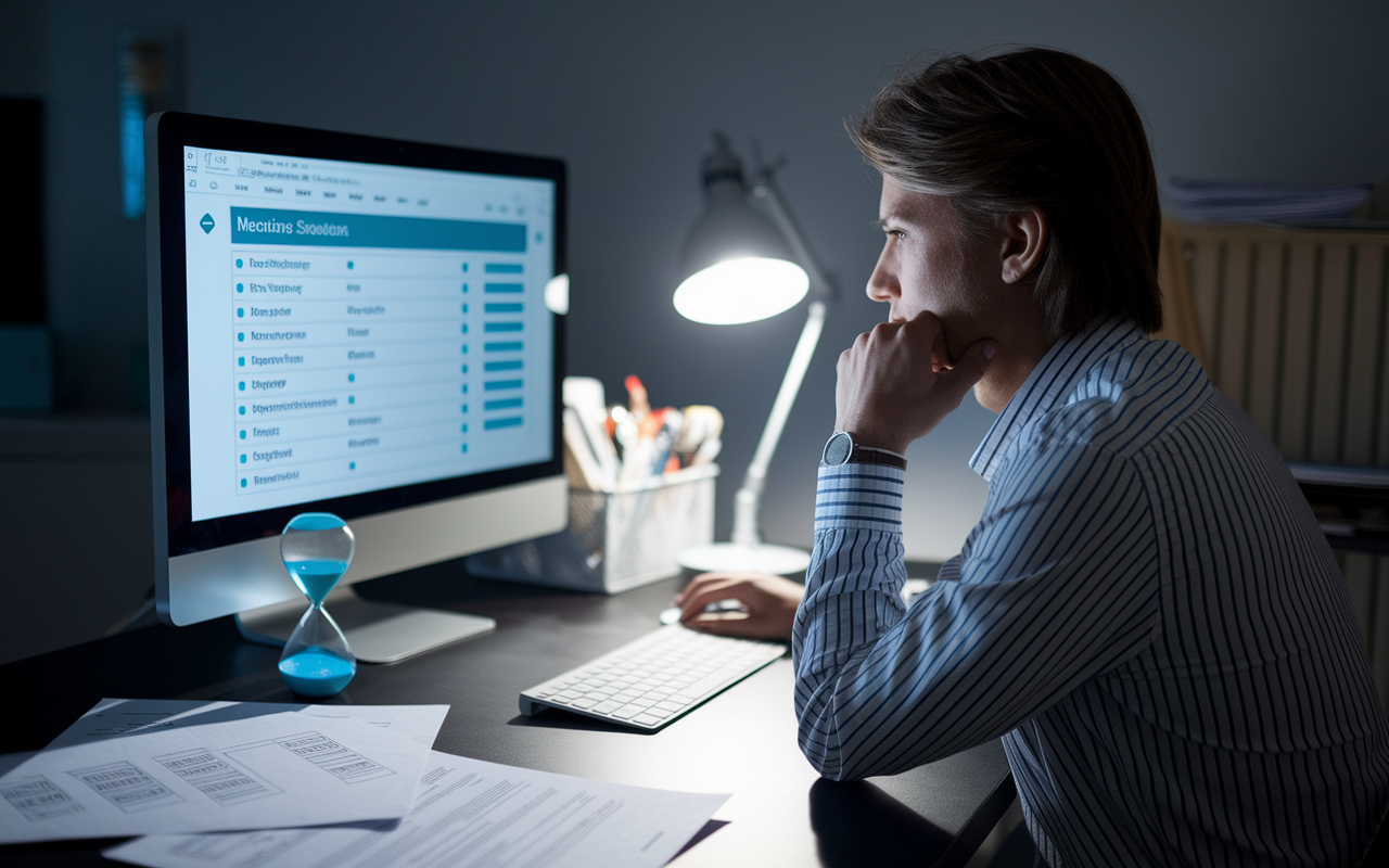 A focused candidate sitting at a desk in front of a computer, taking a practice exam with a determined expression. The screen displays multiple-choice questions related to a medical specialty. The room is quiet, with only a desk lamp illuminating the papers scattered around, indicating a serious study environment. An hourglass on the desk symbolizes the importance of time management during the exam.