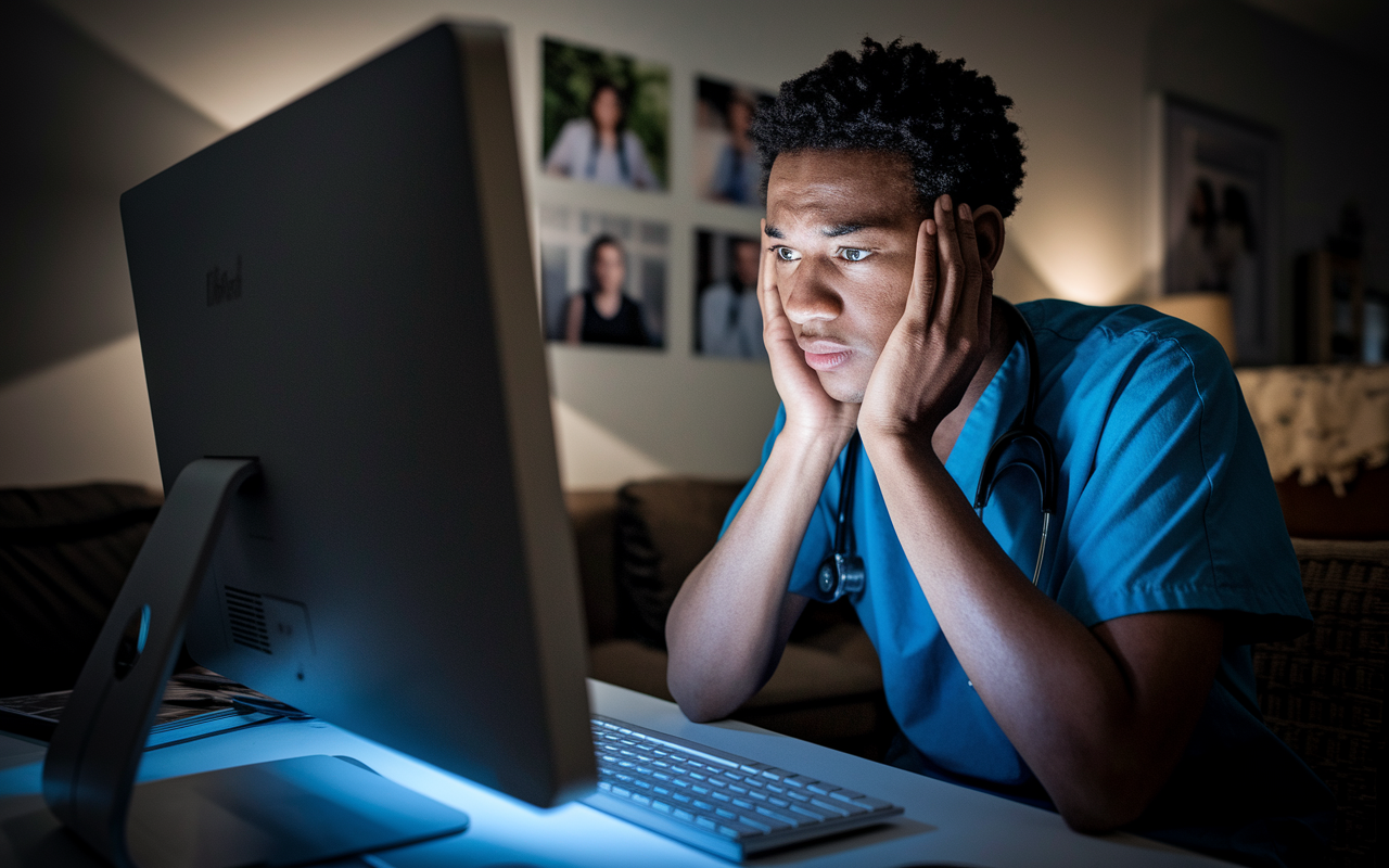 An anxious medical candidate sitting at home, looking intently at their computer screen with a mixture of hope and worry as they check their Specialty Board Exam results. The room is dimly lit, emphasizing the candidate’s expression, a blend of anticipation and anxiety. Family photos on the wall hint at a supportive environment, reflecting their journey and hard work.