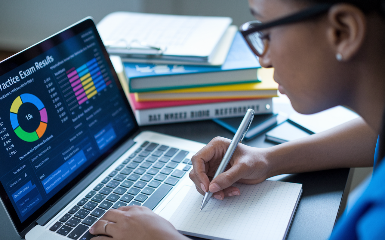 A close-up of a medical student scrutinizing practice exam results on a laptop screen. The screen displays colorful charts and performance metrics, while the student, a young woman with glasses, takes notes with a pen on a notepad. A backdrop of textbooks and medical reference materials suggests a deep dive into study analysis, surrounded by a calm, focused atmosphere.