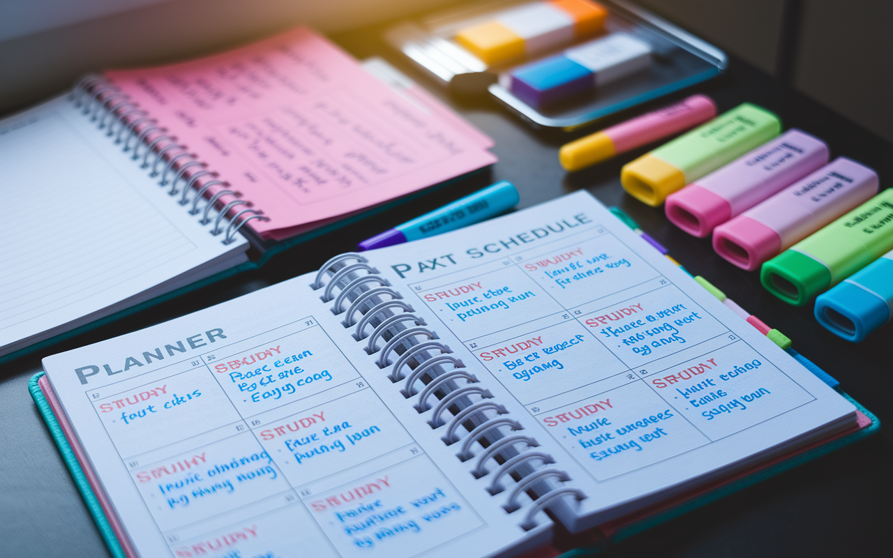 A planner open on a desk, with a colorful schedule detailing practice exams and study sessions. A focus on well-organized notes and highlighters in various colors next to it, creating a vibrant study space. Soft lighting enhances the determination in the atmosphere, emphasizing the importance of planning in exam preparation.