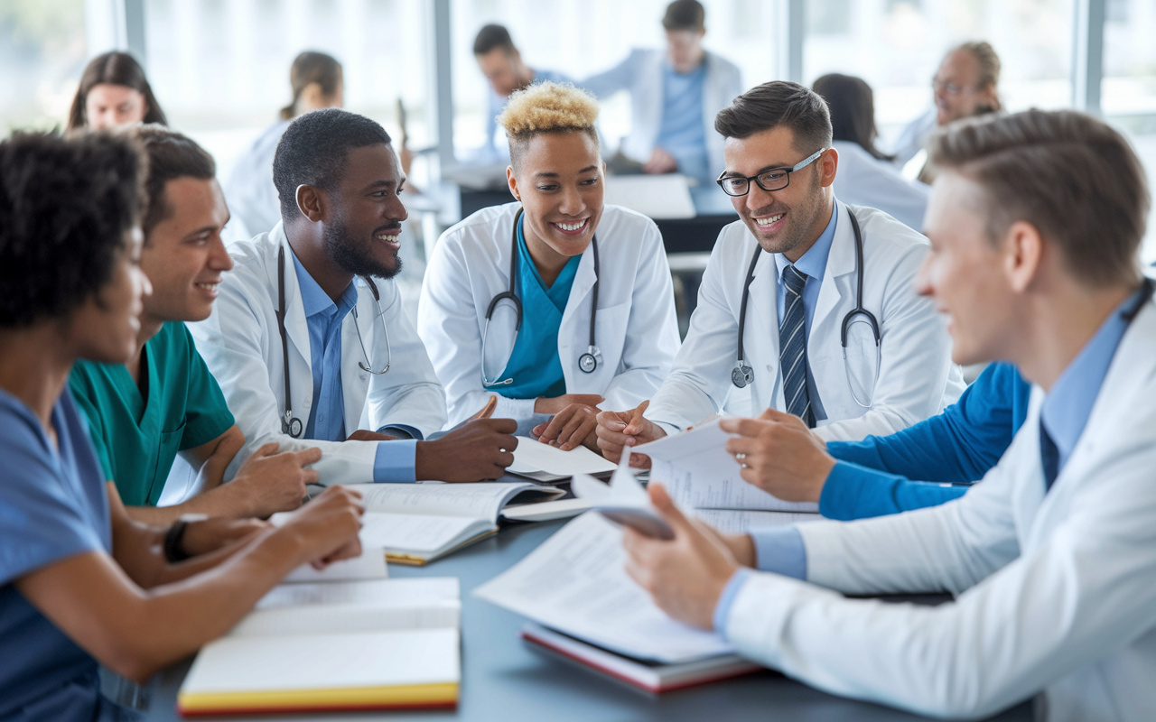 A diverse group of medical students gathered around a table, engaged in an intense study session. They are sharing notes and discussing practice exam questions, with open textbooks and laptops around them. The room is bright, filled with excitement and camaraderie, showcasing a spirit of collaboration and collective learning.