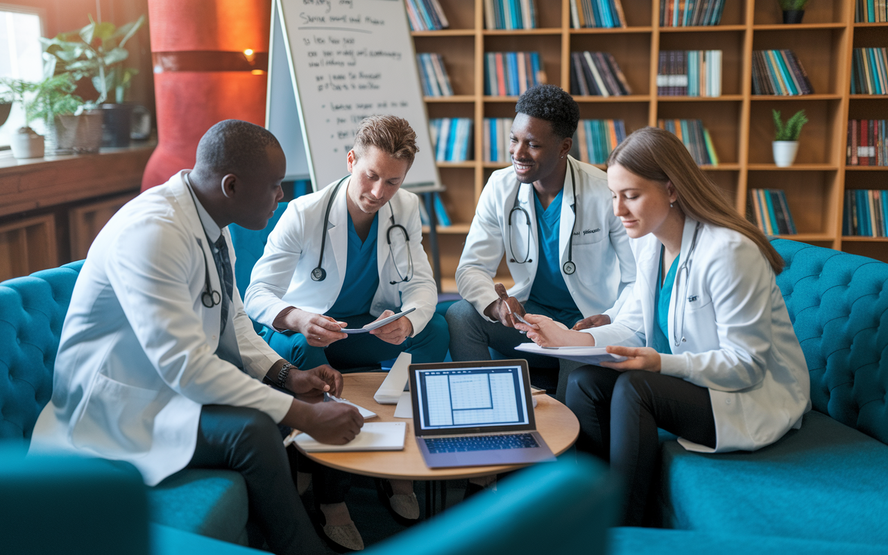 A diverse group of three medical students sitting in a cozy study lounge, brainstorming and discussing their study plan. One of them writes on a whiteboard while the others provide input; a laptop displays a shared schedule. The room is inviting, with warm lighting, bookshelves in the background filled with medical texts, and a lively yet focused atmosphere of collaboration and strategic planning.