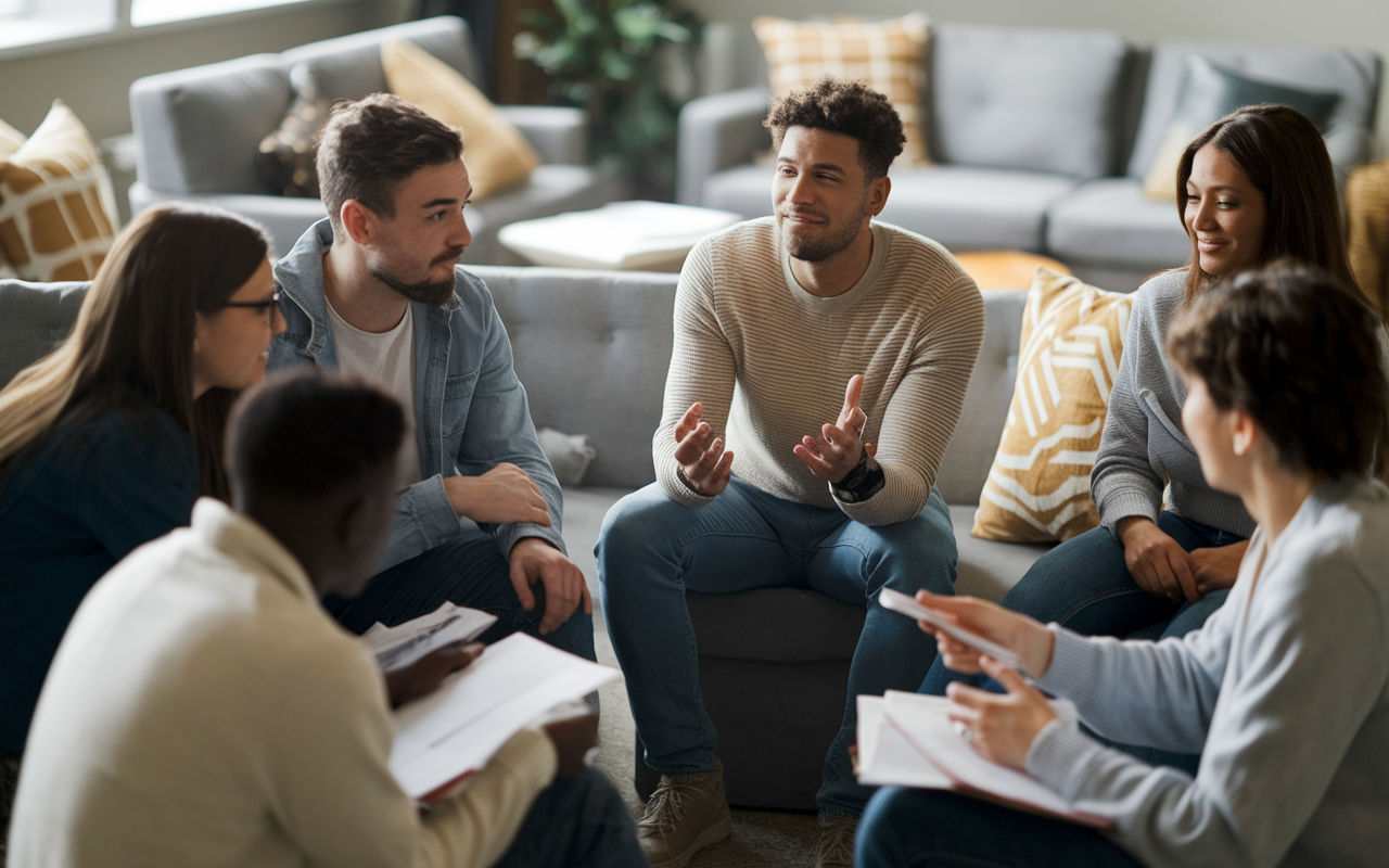 A supportive study group session in progress, where students are sharing their challenges. One student is talking while others listen attentively, with faces showing understanding and empathy. The room contains cozy furniture, soft lighting, and study materials scattered around. A sense of warmth and trust permeates the atmosphere, enhancing the collaborative spirit.